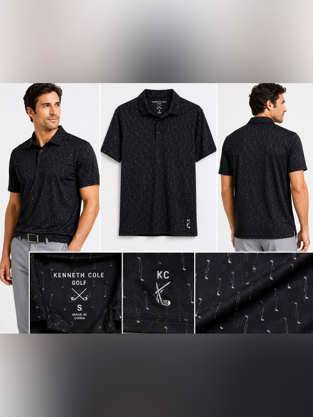 Kenneth Cole Black Polo with Subtle Multicolor Golf Club Print